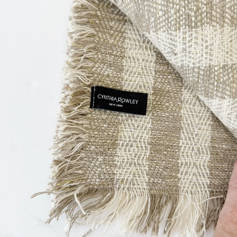Cynthia Rowley Table Runner Tan Stripes Metallic Accent 19”x76” Cotton Fringe